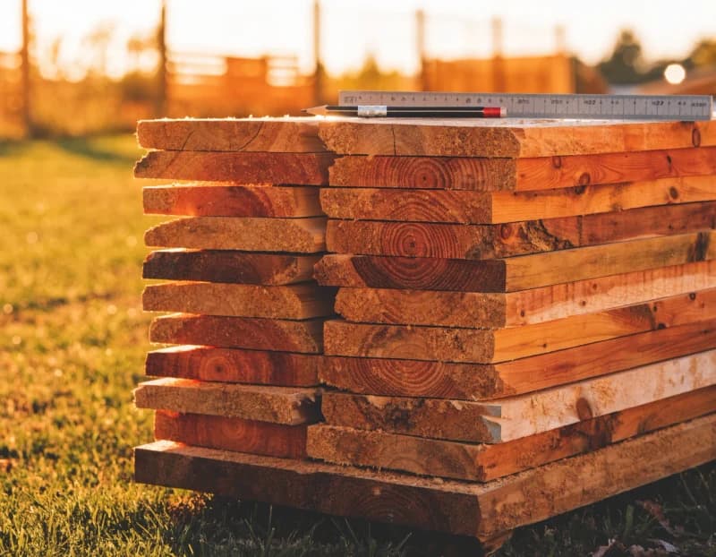 A stack of fresh-cut cedar fence boards catching warm golden backlight on a job site, with a folding rule and a pencil resting on top.