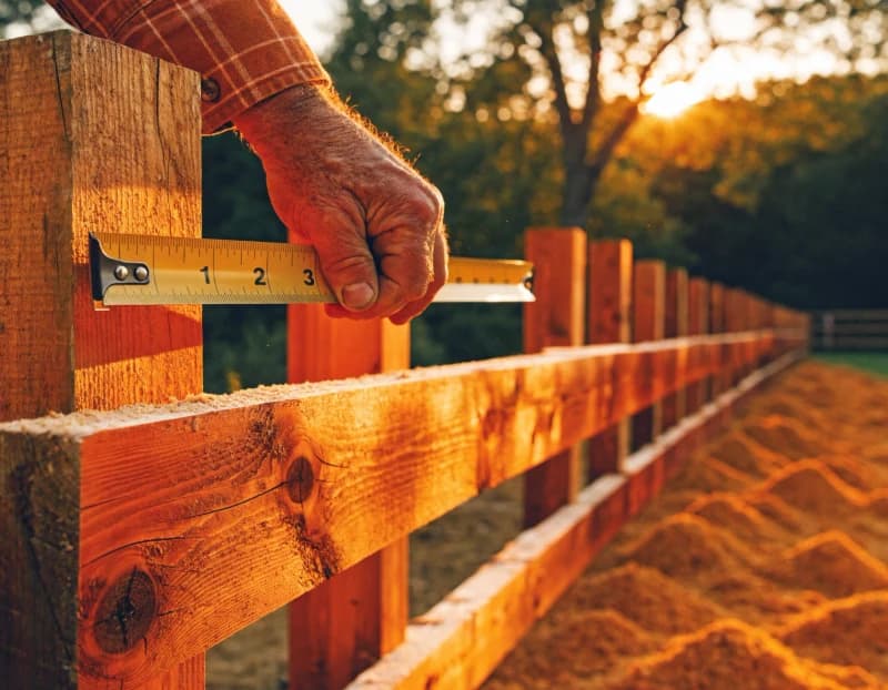A contractor's hand stretching a yellow tape measure along the top rail of a cedar fence in warm golden-hour light, the inch markings crisp and sharp.