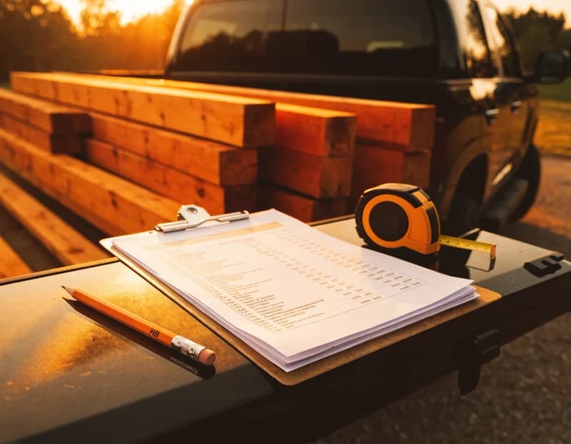 A printed itemized fence estimate on a metal clipboard resting on the open tailgate of a work pickup truck, with a pencil and tape measure beside it at golden hour.
