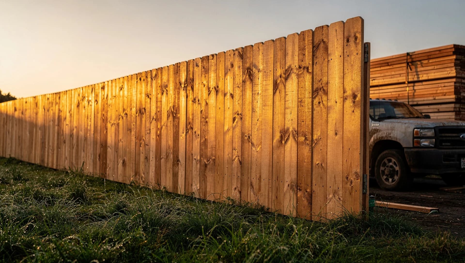 A finished cedar privacy fence glowing at golden hour on a fence contractor's job site, with a work pickup truck and fresh cedar lumber softly out of focus.